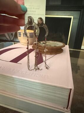 Anthropologie Antique Gold Crescent Dangle Earrings with Pink Beads